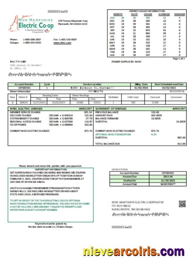New Hampshire Electric Co-op electricity utility business bill